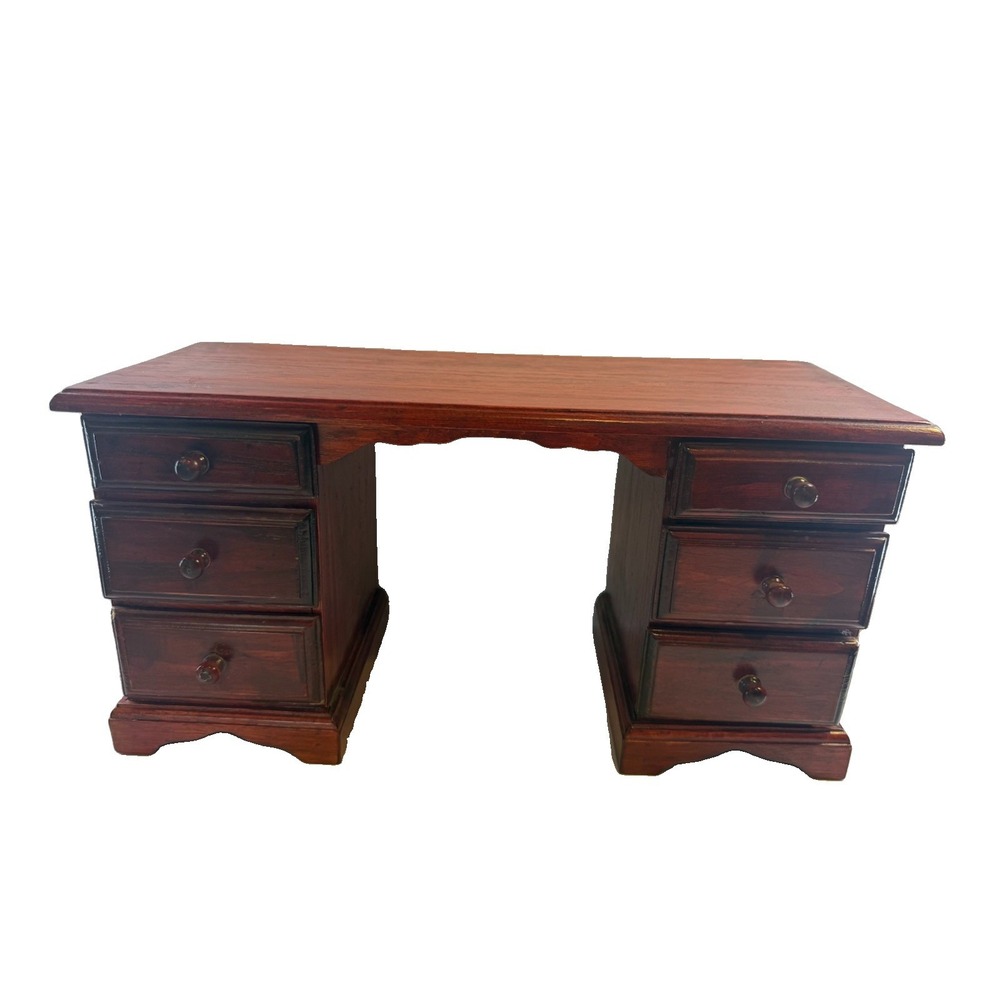 Vintage Wooden Desk Jewelry Box Mini Executive Vanity Chest Organizer 6 Drawers